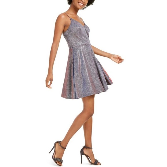 City Studios Juniors' Glitter Fit & Flare Dress Glitter Sparkle Purple Size 1 Sm - Picture 3 of 5